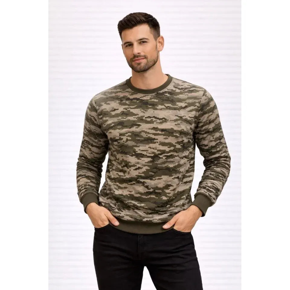 Erkek Kamuflaj Desenli 2 İplik 4 Mevsim Uzun Kollu Bisiklet Yaka Sweatshirt - Kamuflaj