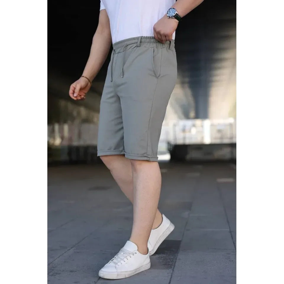 Erkek Diagonel Kumaş Duble Paça Cepli Bağcıklı Bel Lastikli ŞORT - Mint Yeşili