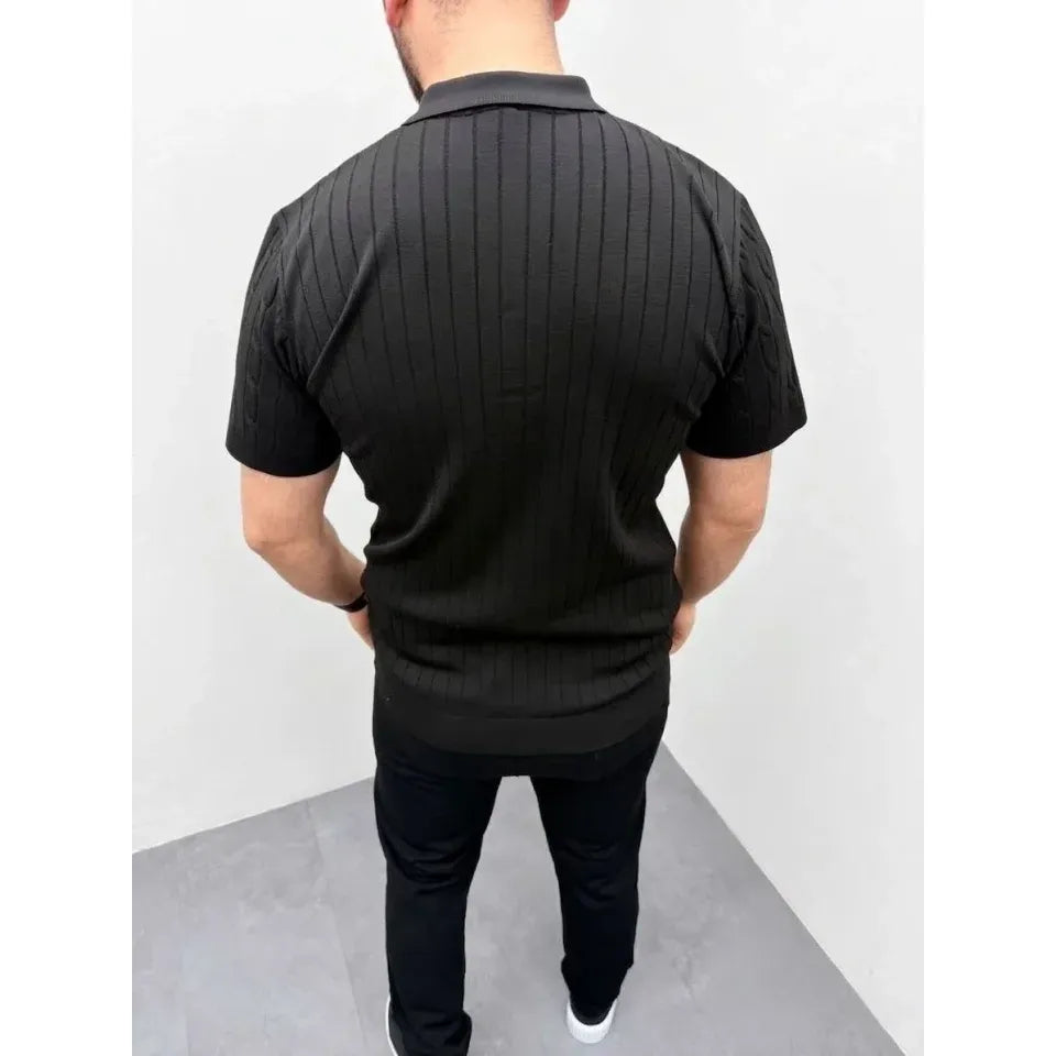 Erkek Yazlık Triko Saç Örgü Tişört Kısa Kol Polo Yaka Fermuarlı T-Shirt - Siyah
