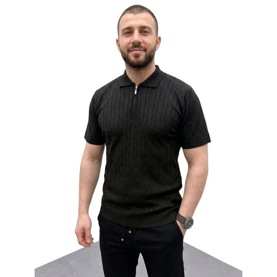 Erkek Yazlık Triko Saç Örgü Tişört Kısa Kol Polo Yaka Fermuarlı T-Shirt - Siyah