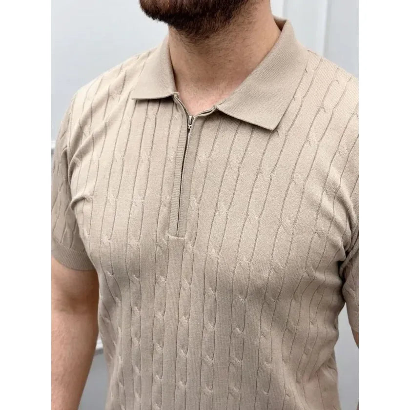 Erkek Yazlık Triko Saç Örgü Tişört Kısa Kol Polo Yaka Fermuarlı T-Shirt - Bej