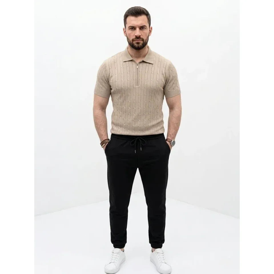 Erkek Yazlık Triko Saç Örgü Tişört Kısa Kol Polo Yaka Fermuarlı T-Shirt - Bej