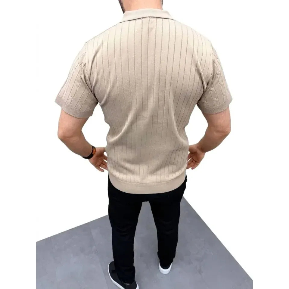 Erkek Yazlık Triko Saç Örgü Tişört Kısa Kol Polo Yaka Fermuarlı T-Shirt - Bej