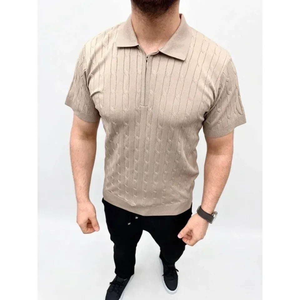 Erkek Yazlık Triko Saç Örgü Tişört Kısa Kol Polo Yaka Fermuarlı T-Shirt - Bej