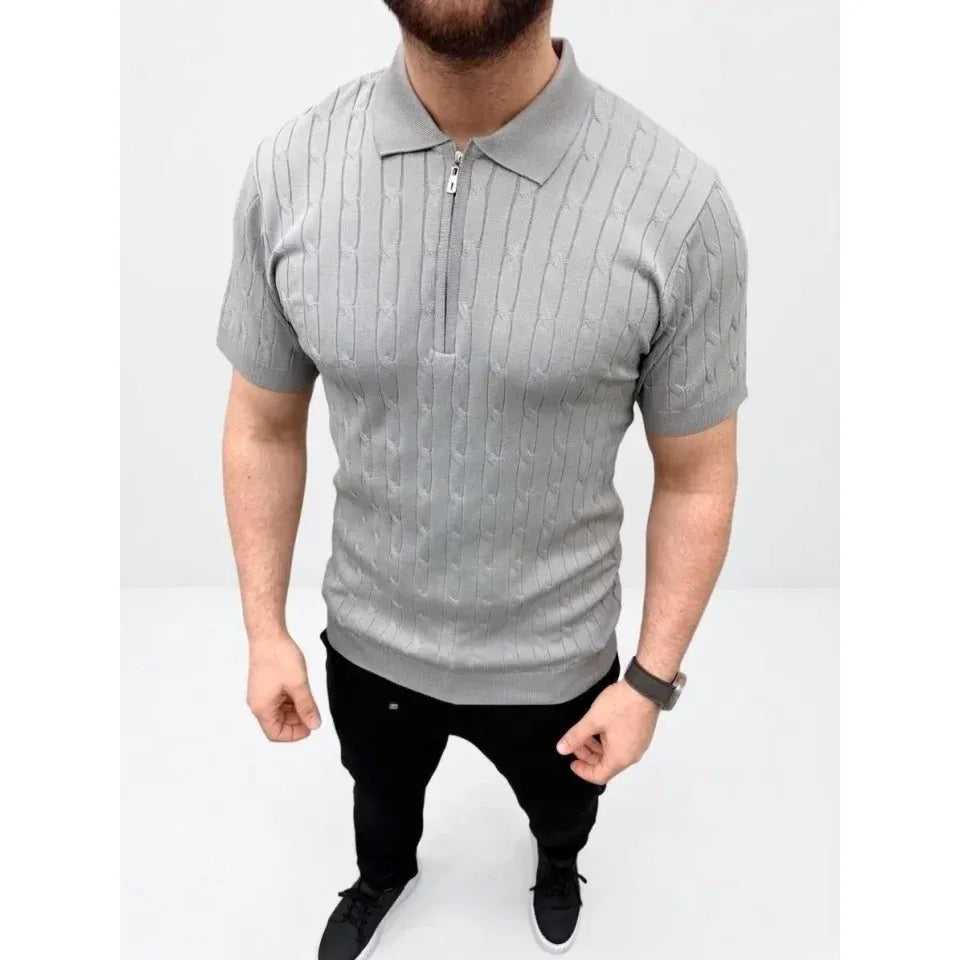 Erkek Yazlık Triko Saç Örgü Tişört Kısa Kol Polo Yaka Fermuarlı T-Shirt - Gri