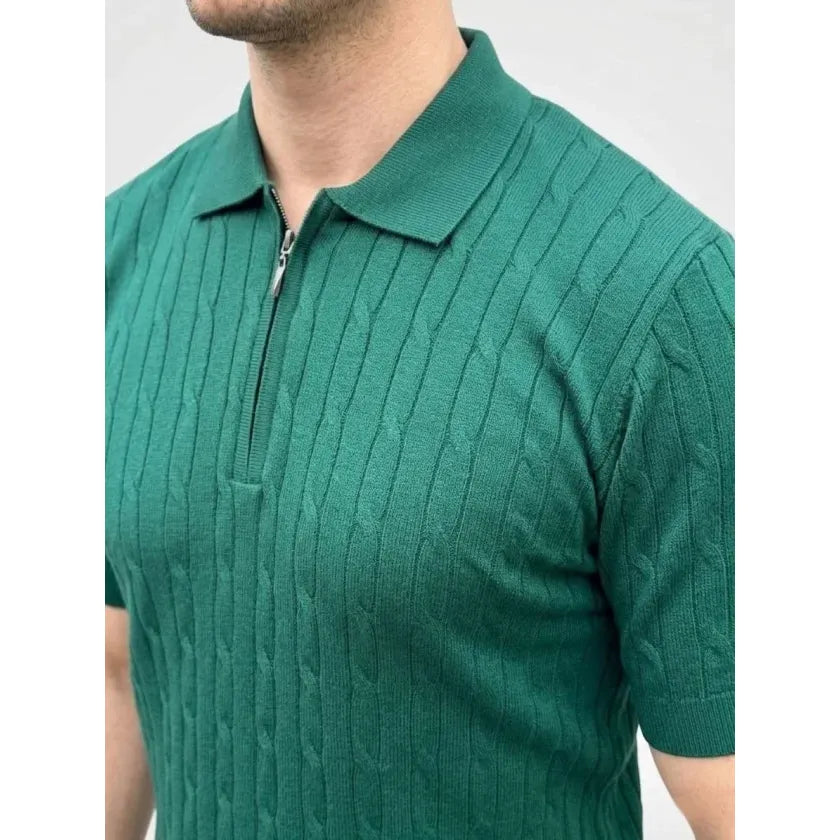 Erkek Yazlık Triko Saç Örgü Tişört Kısa Kol Polo Yaka Fermuarlı T-Shirt - Haki