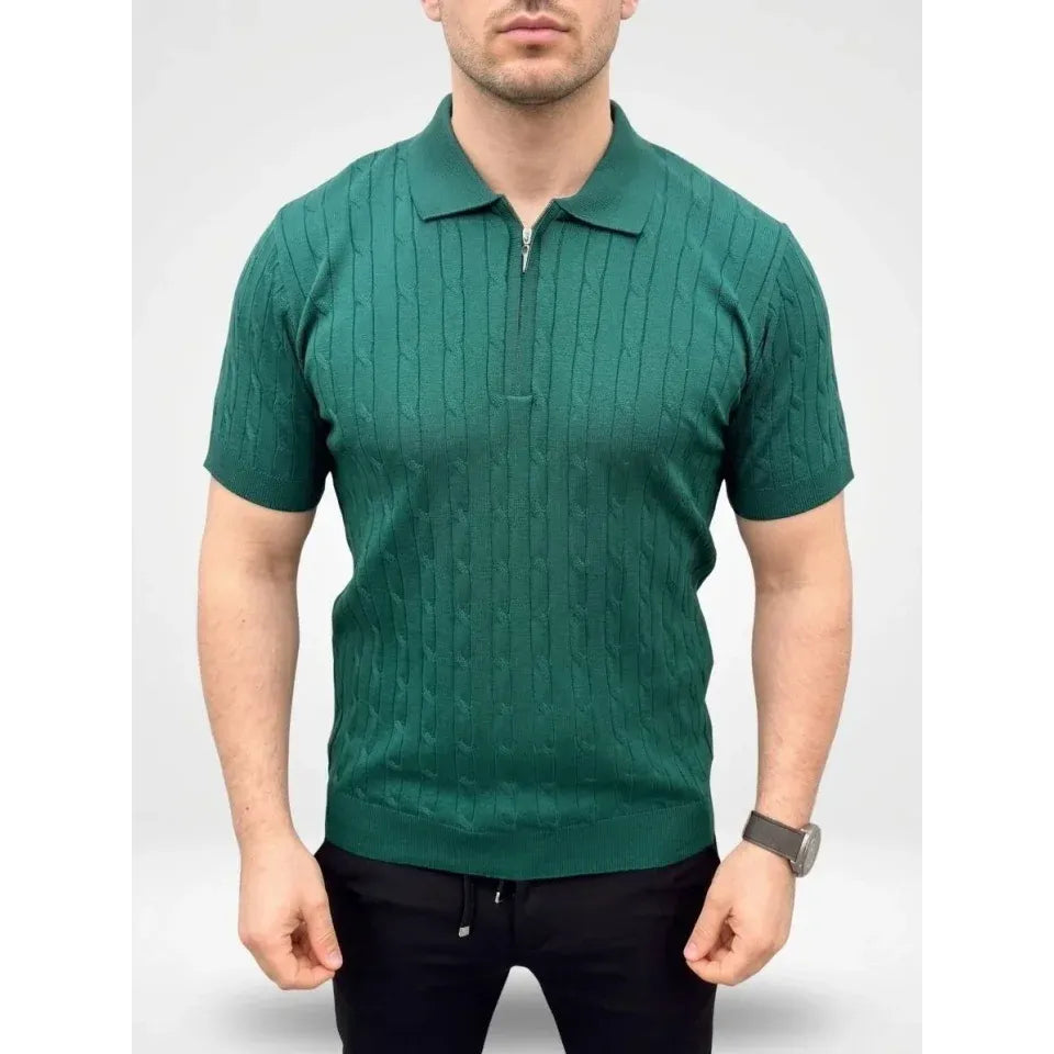 Erkek Yazlık Triko Saç Örgü Tişört Kısa Kol Polo Yaka Fermuarlı T-Shirt - Haki