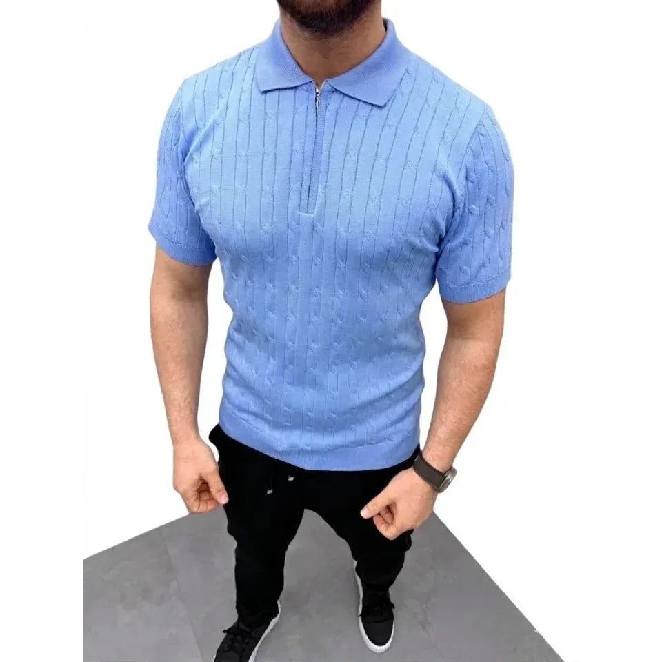 Erkek Yazlık Triko Saç Örgü Tişört Kısa Kol Polo Yaka Fermuarlı T-Shirt - Bebe Mavisi