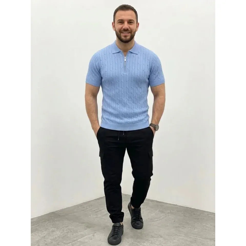 Erkek Yazlık Triko Saç Örgü Tişört Kısa Kol Polo Yaka Fermuarlı T-Shirt - Bebe Mavisi