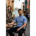 Erkek Fitilli Triko Dokuma Kısa Kol Tişört Yarım Boğaz Modern Yazlık T-Shirt - Bebe Mavisi