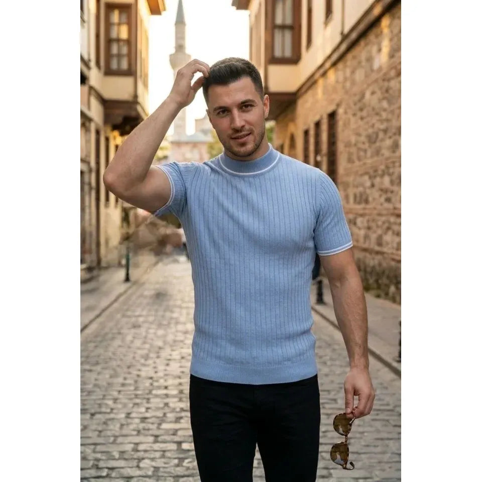 Erkek Fitilli Triko Dokuma Kısa Kol Tişört Yarım Boğaz Modern Yazlık T-Shirt - Bebe Mavisi