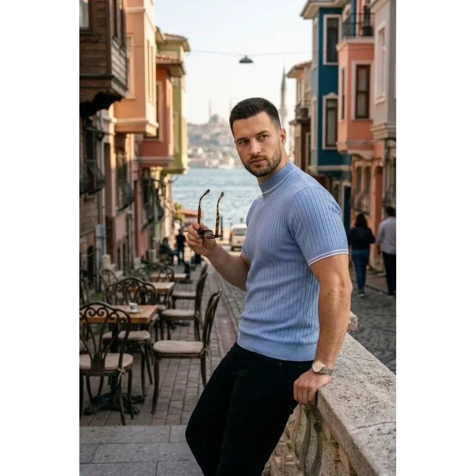Erkek Fitilli Triko Dokuma Kısa Kol Tişört Yarım Boğaz Modern Yazlık T-Shirt - Bebe Mavisi