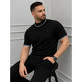 Erkek Fitilli Triko Dokuma Kısa Kol Tişört Yarım Boğaz Modern Yazlık T-Shirt - Siyah