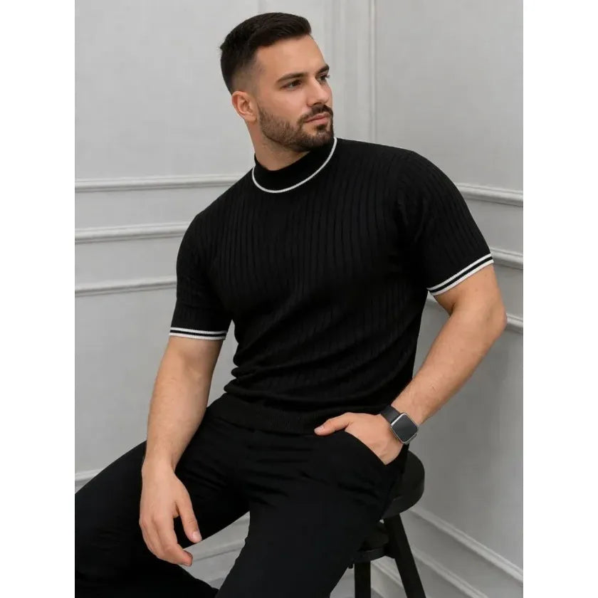 Erkek Fitilli Triko Dokuma Kısa Kol Tişört Yarım Boğaz Modern Yazlık T-Shirt - Siyah