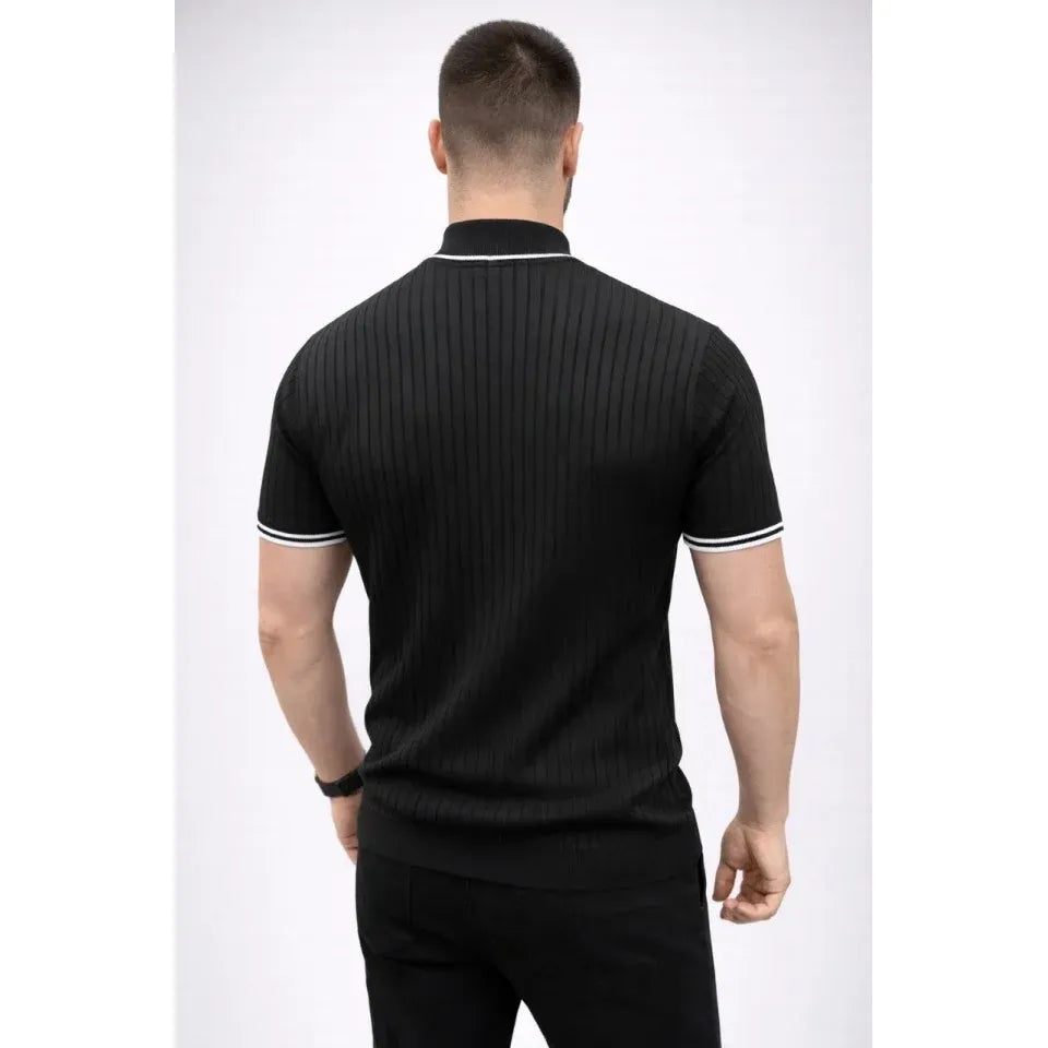 Erkek Fitilli Triko Dokuma Kısa Kol Tişört Yarım Boğaz Modern Yazlık T-Shirt - Siyah