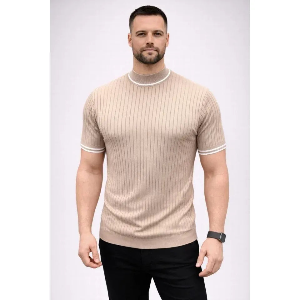Erkek Fitilli Triko Dokuma Kısa Kol Tişört Yarım Boğaz Modern Yazlık T-Shirt - Bej