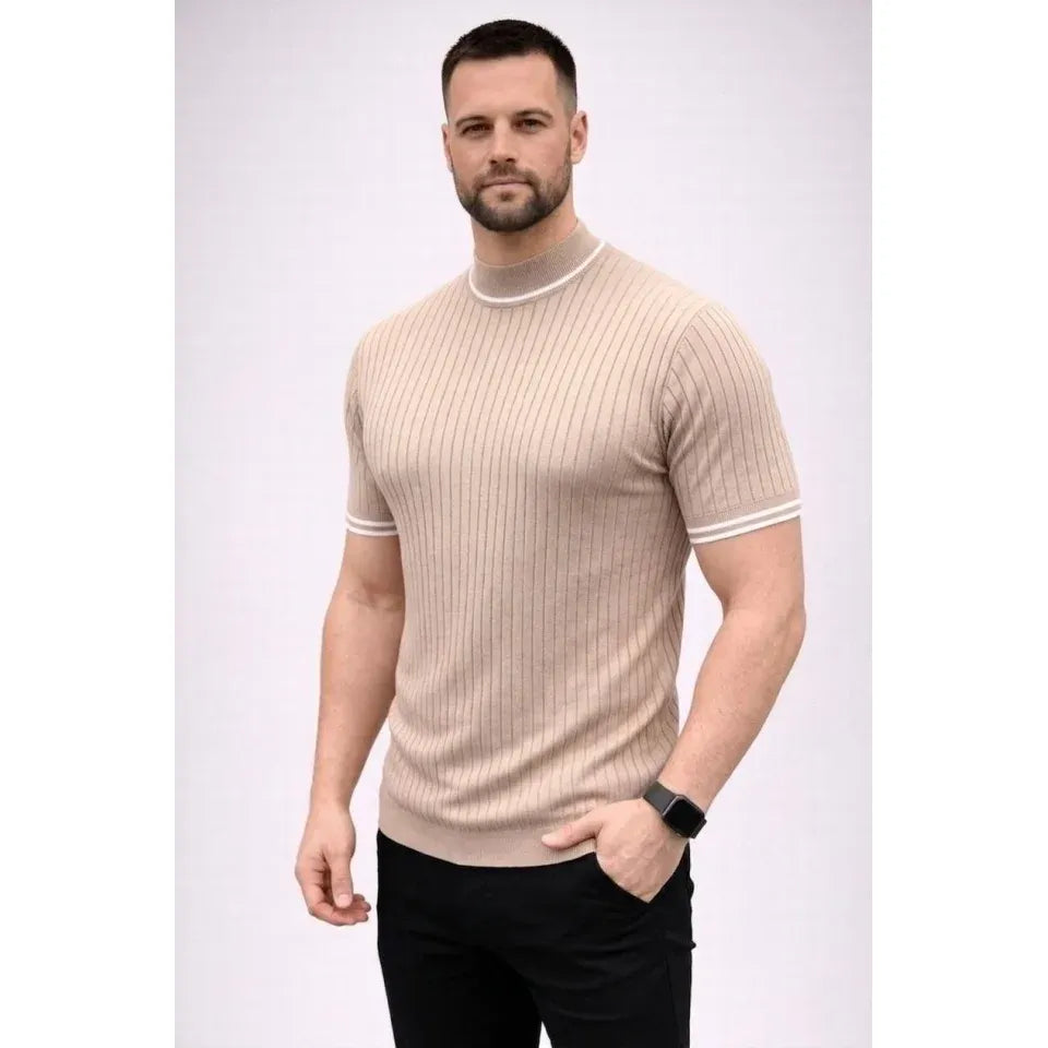 Erkek Fitilli Triko Dokuma Kısa Kol Tişört Yarım Boğaz Modern Yazlık T-Shirt - Bej