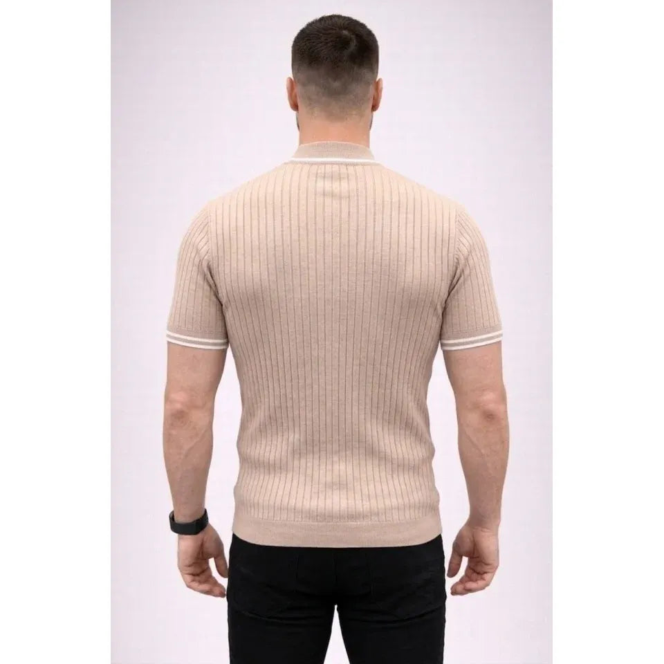 Erkek Fitilli Triko Dokuma Kısa Kol Tişört Yarım Boğaz Modern Yazlık T-Shirt - Bej
