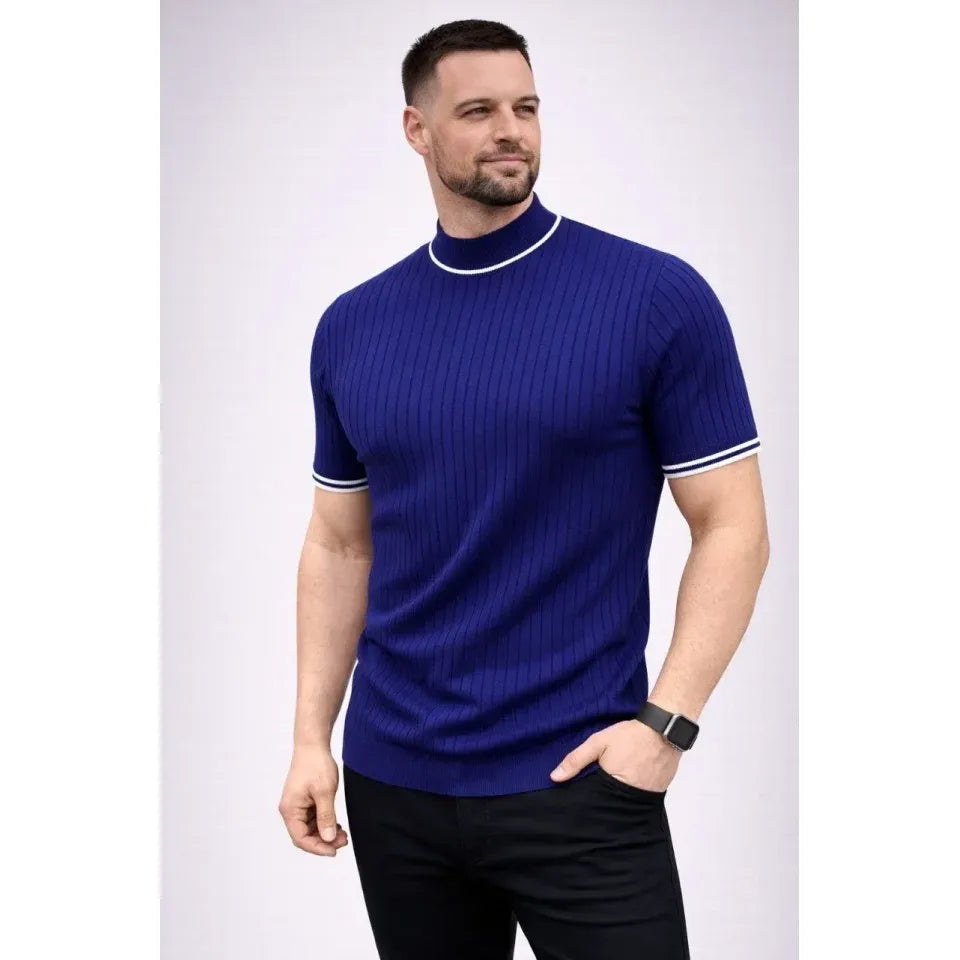 Erkek Fitilli Triko Dokuma Kısa Kol Tişört Yarım Boğaz Modern Yazlık T-Shirt - Lacivert