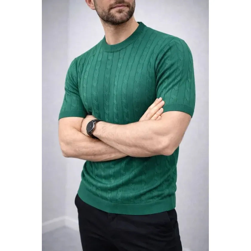 Erkek Yazlık Triko Dokuma Tişört Kısa Kol Bisiklet Yaka Örgü Desenli T-Shirt - Haki