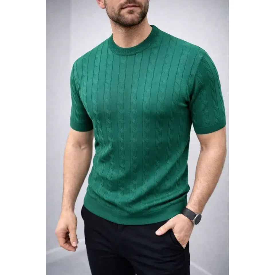 Erkek Yazlık Triko Dokuma Tişört Kısa Kol Bisiklet Yaka Örgü Desenli T-Shirt - Haki