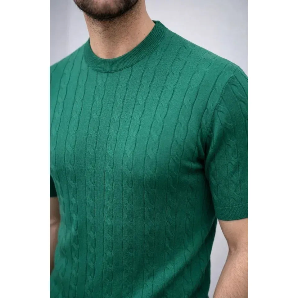 Erkek Yazlık Triko Dokuma Tişört Kısa Kol Bisiklet Yaka Örgü Desenli T-Shirt - Haki