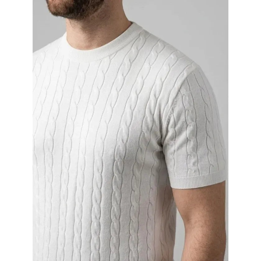 Erkek Yazlık Triko Dokuma Tişört Kısa Kol Bisiklet Yaka Örgü Desenli T-Shirt - Beyaz