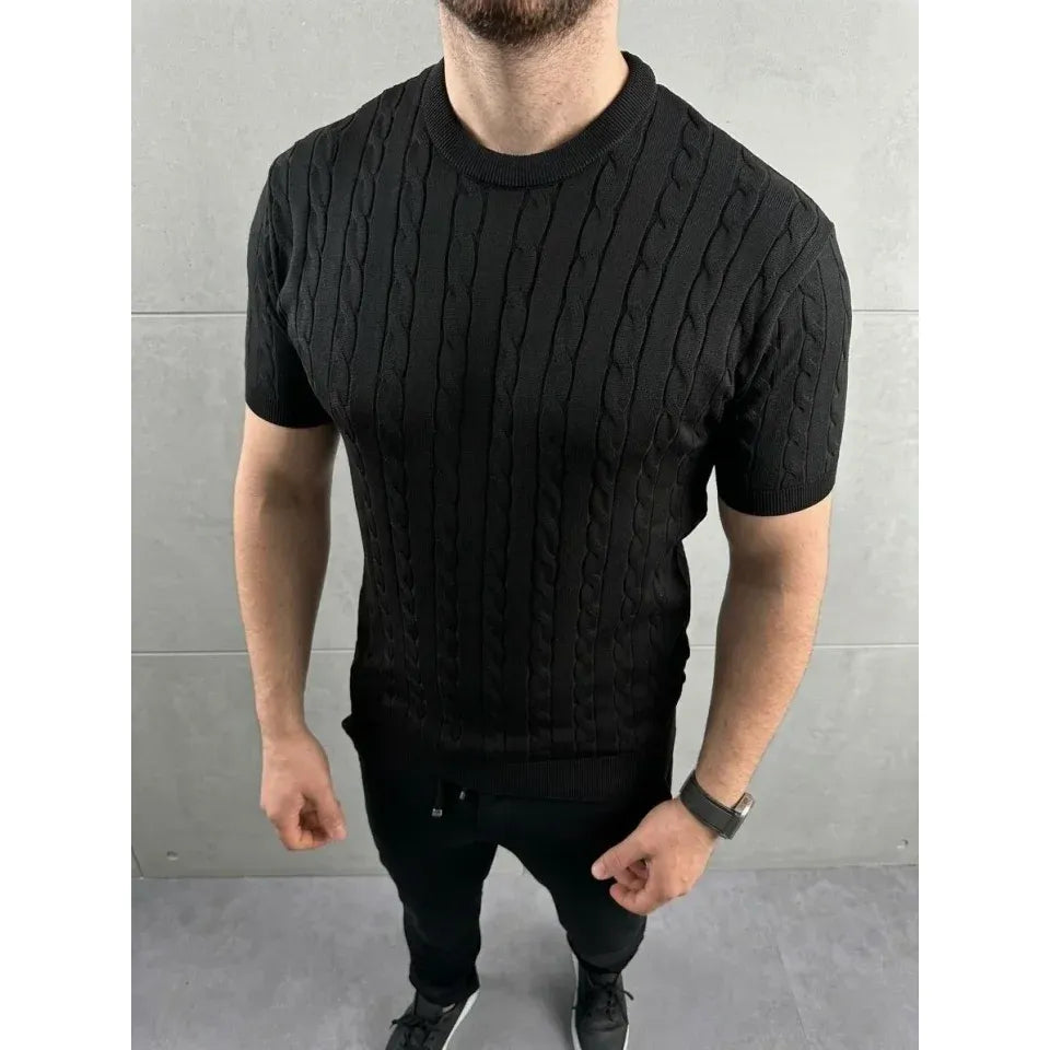 Erkek Yazlık Triko Dokuma Tişört Kısa Kol Bisiklet Yaka Örgü Desenli T-Shirt - Siyah