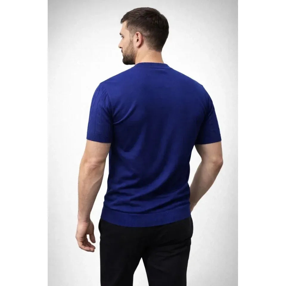 Erkek Yazlık Triko Dokuma Tişört Kısa Kol Bisiklet Yaka Örgü Desenli T-Shirt - Lacivert