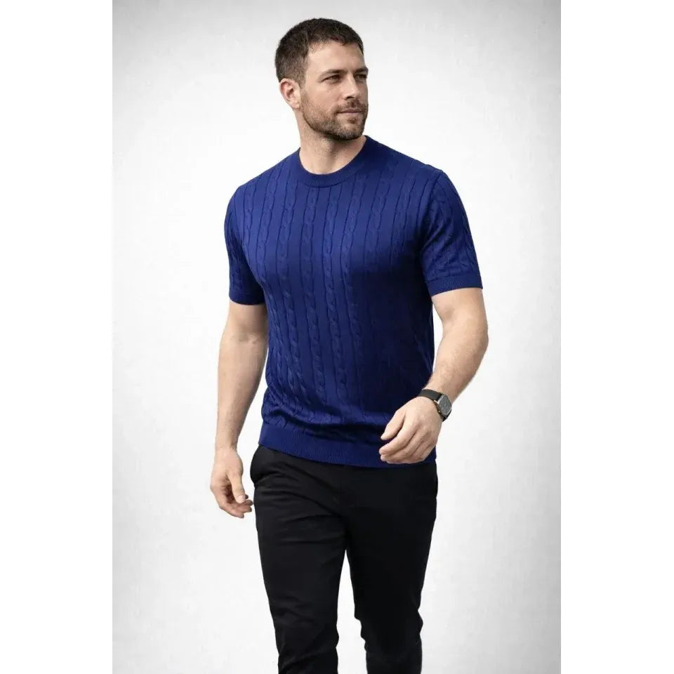 Erkek Yazlık Triko Dokuma Tişört Kısa Kol Bisiklet Yaka Örgü Desenli T-Shirt - Lacivert