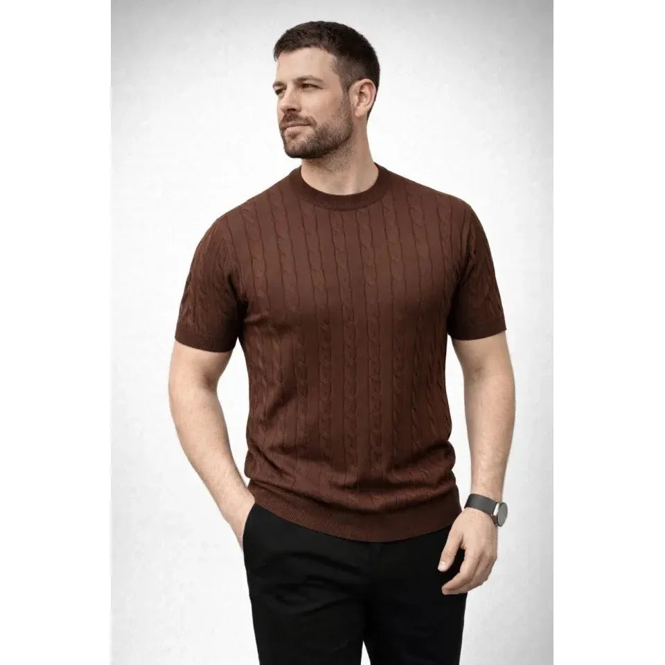 Erkek Yazlık Triko Dokuma Tişört Kısa Kol Bisiklet Yaka Örgü Desenli T-Shirt - Kahverengi