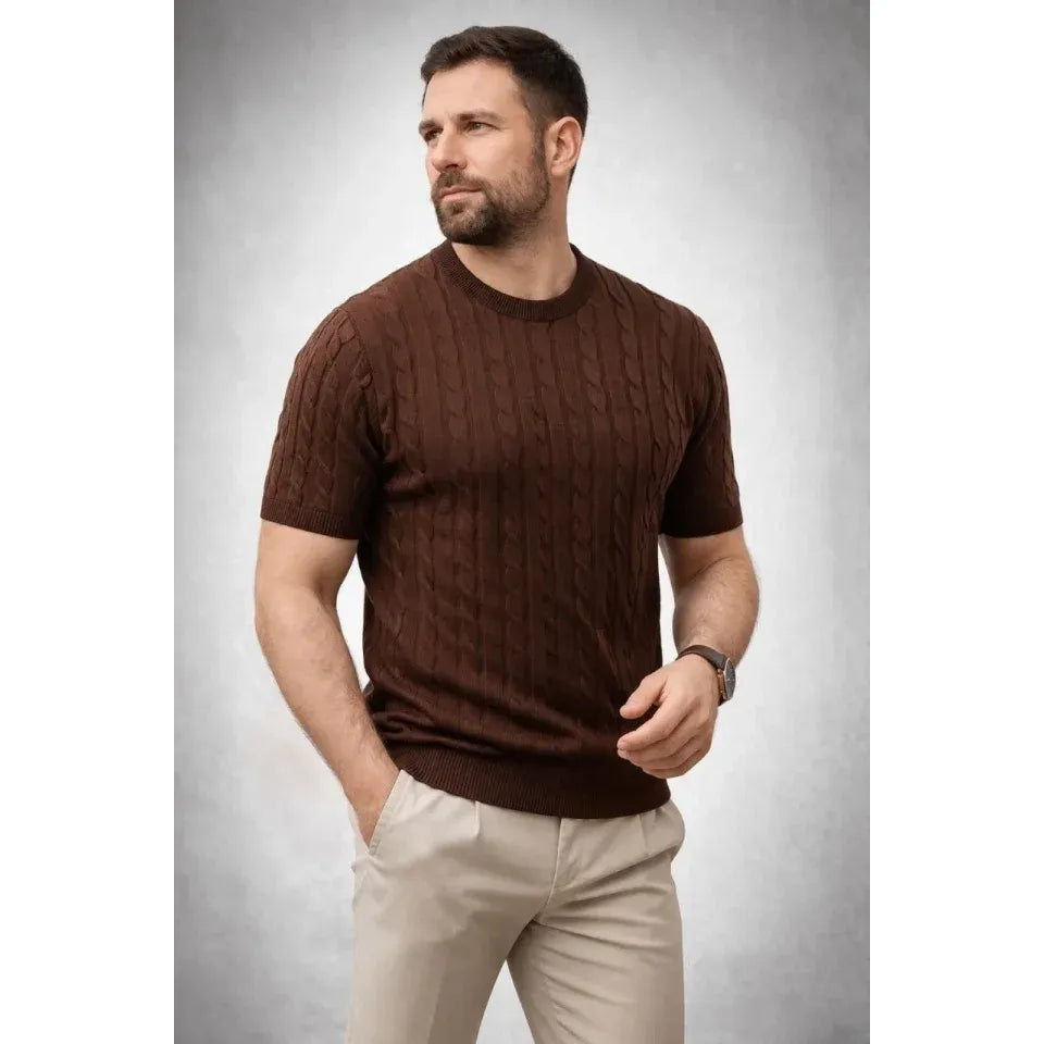 Erkek Yazlık Triko Dokuma Tişört Kısa Kol Bisiklet Yaka Örgü Desenli T-Shirt - Kahverengi