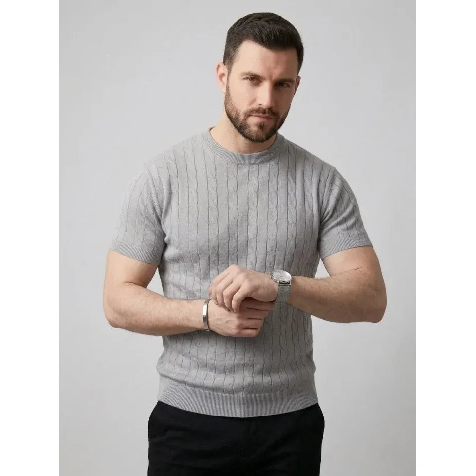 Erkek Yazlık Triko Dokuma Tişört Kısa Kol Bisiklet Yaka Örgü Desenli T-Shirt - Gri