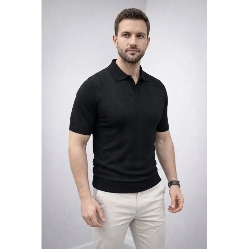 Erkek Yazlık Triko Dokuma Tişört Kısa Kol Polo Yaka T-Shirt - Siyah