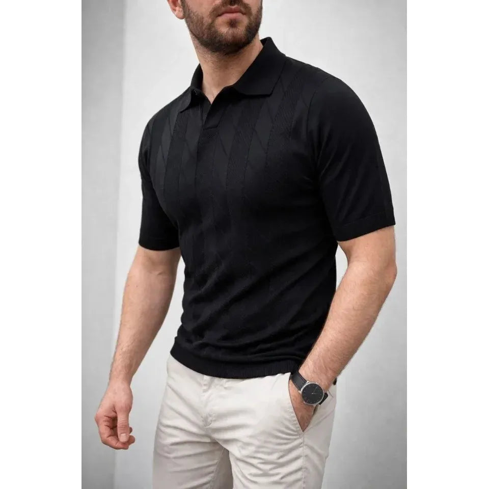 Erkek Yazlık Triko Dokuma Tişört Kısa Kol Polo Yaka T-Shirt - Siyah
