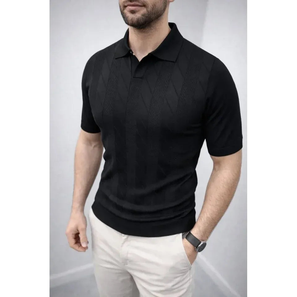 Erkek Yazlık Triko Dokuma Tişört Kısa Kol Polo Yaka T-Shirt - Siyah