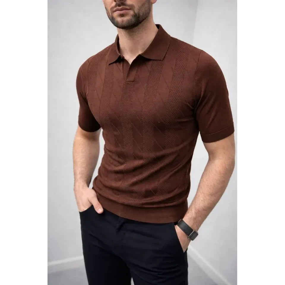 Erkek Yazlık Triko Dokuma Tişört Kısa Kol Polo Yaka T-Shirt - Kahverengi