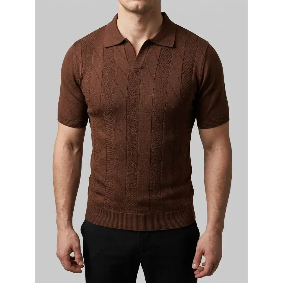 Erkek Yazlık Triko Dokuma Tişört Kısa Kol Polo Yaka T-Shirt - Kahverengi