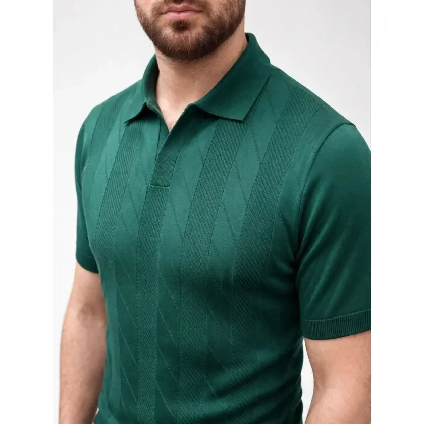 Erkek Yazlık Triko Dokuma Tişört Kısa Kol Polo Yaka T-Shirt - Koyu Yeşil