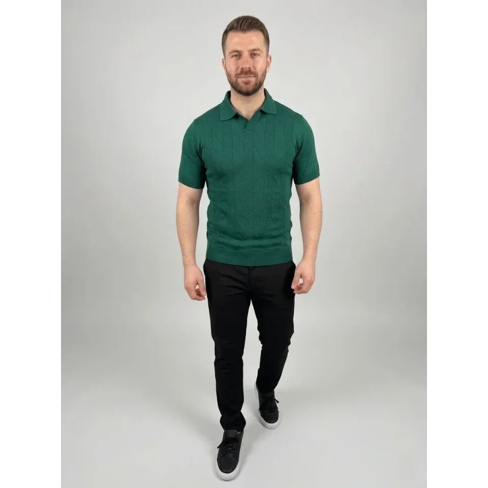 Erkek Yazlık Triko Dokuma Tişört Kısa Kol Polo Yaka T-Shirt - Koyu Yeşil