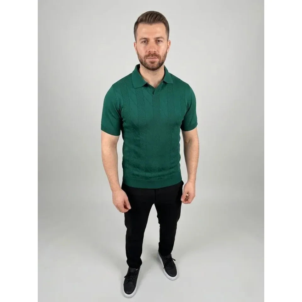Erkek Yazlık Triko Dokuma Tişört Kısa Kol Polo Yaka T-Shirt - Koyu Yeşil