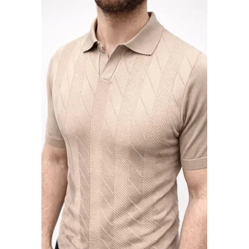 Erkek Yazlık Triko Dokuma Tişört Kısa Kol Polo Yaka T-Shirt - Bej
