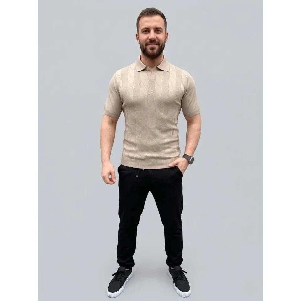 Erkek Yazlık Triko Dokuma Tişört Kısa Kol Polo Yaka T-Shirt - Bej