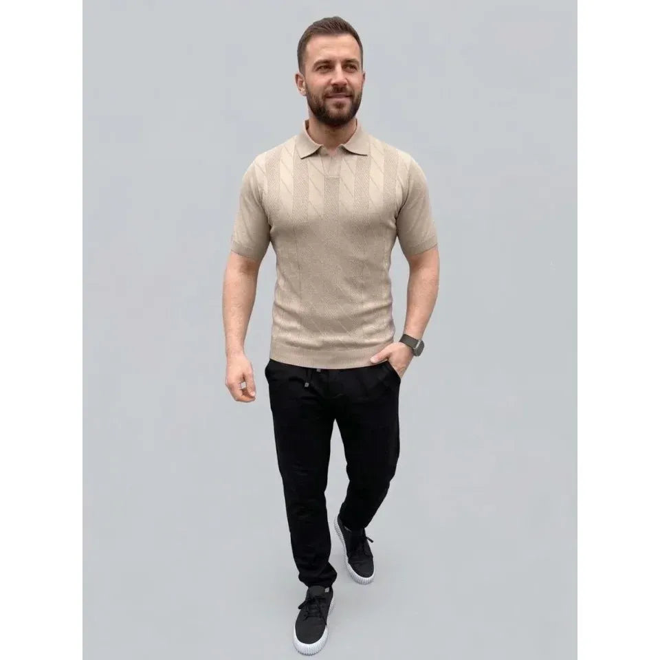 Erkek Yazlık Triko Dokuma Tişört Kısa Kol Polo Yaka T-Shirt - Bej