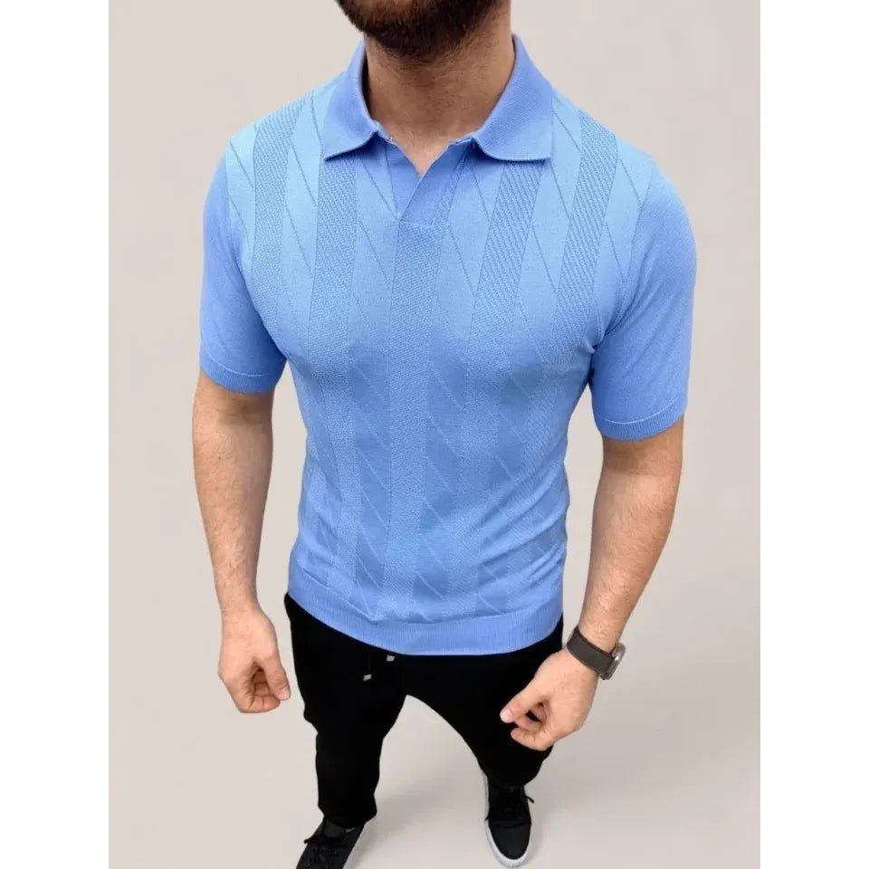 Erkek Yazlık Triko Dokuma Tişört Kısa Kol Polo Yaka T-Shirt - Bebek Mavisi