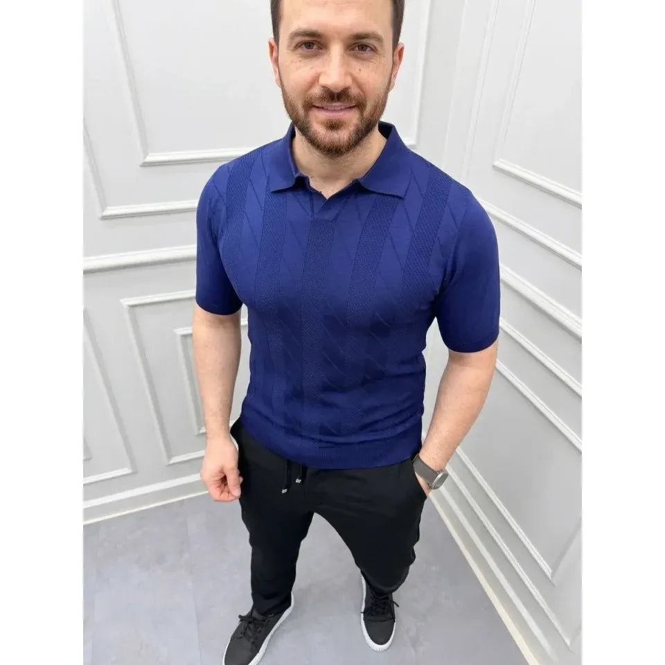 Erkek Yazlık Triko Dokuma Tişört Kısa Kol Polo Yaka T-Shirt - Lacivert