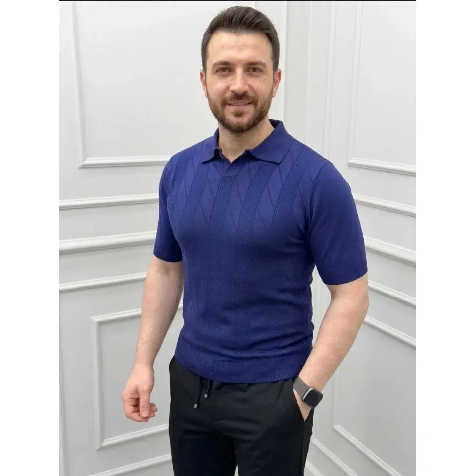 Erkek Yazlık Triko Dokuma Tişört Kısa Kol Polo Yaka T-Shirt - Lacivert