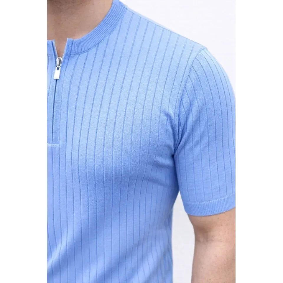 Erkek Kısa Kol Fitilli Triko T-Shirt Yazlık Hakim Yaka Tişört - Bebek Mavisi