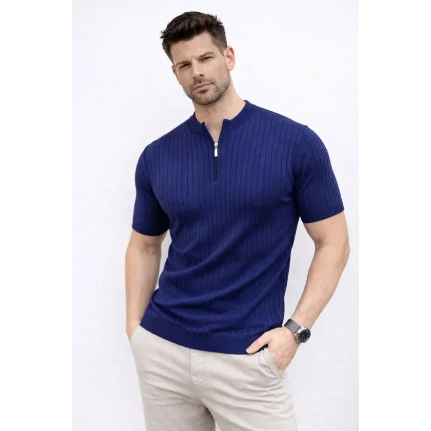 Erkek Kısa Kol Fitilli Triko T-Shirt Yazlık Hakim Yaka Tişört - Lacivert