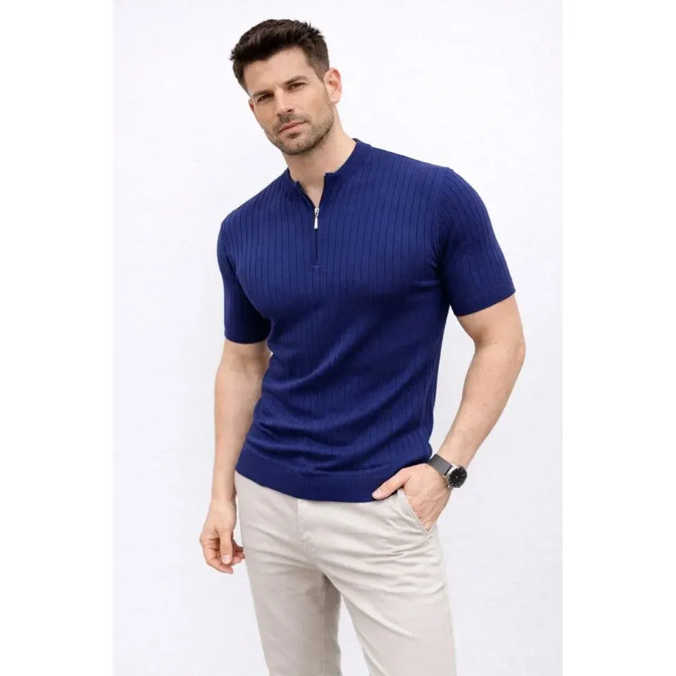 Erkek Kısa Kol Fitilli Triko T-Shirt Yazlık Hakim Yaka Tişört - Lacivert